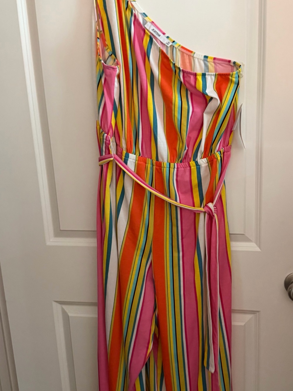 JustFab Multicolor One-Shoulder Striped Jumpsuit